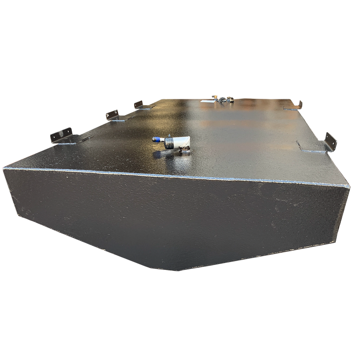OEM replacement belly fuel tank for Mako 21' boat, featuring a 125-gallon capacity, with a sleek black finish and mounting brackets