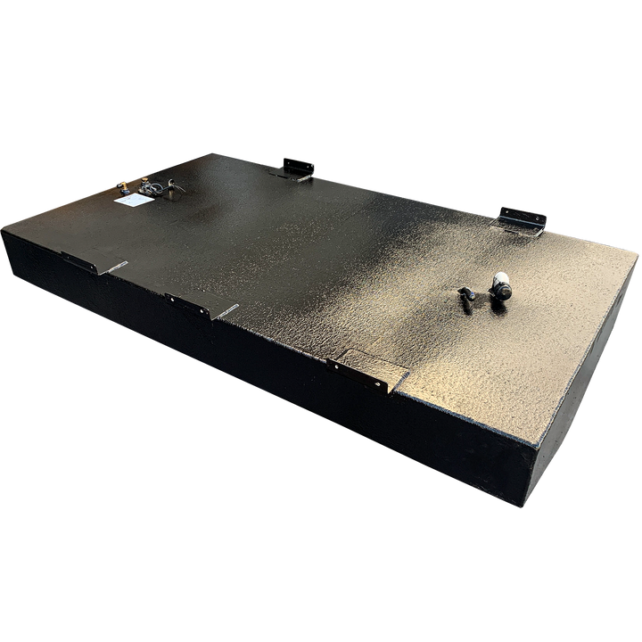 OEM replacement belly fuel tank for Mako 21' boat, featuring a 125-gallon capacity, shown from an angled view with a black finish and mounting points