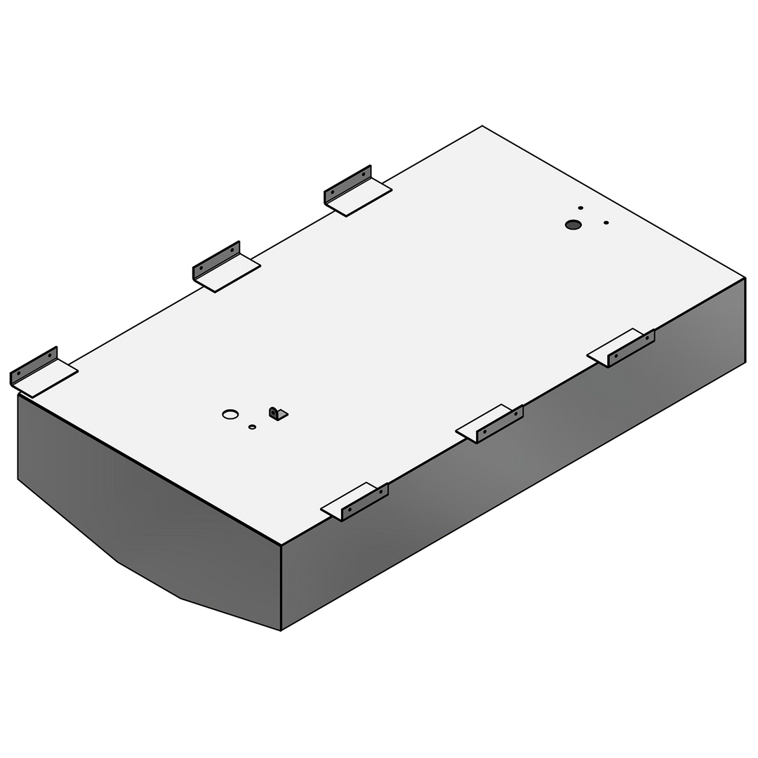 3D illustration of a 21-foot Mako OEM replacement belly fuel tank with a capacity of 125 gallons, featuring mounting brackets and fuel inlet/outlet ports
