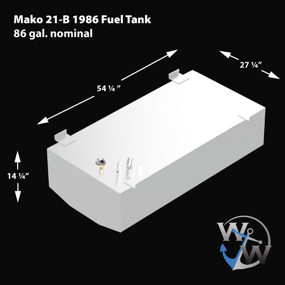 White rectangular marine fuel tank with fittings on top and mounting brackets on sides, labeled 'Mako 21-B 1986 Fuel Tank, 86 gal. nominal'. Dimensions indicated: 54 1/4 inches length, 27 1/4 inches width, and 14 1/4 inches height.