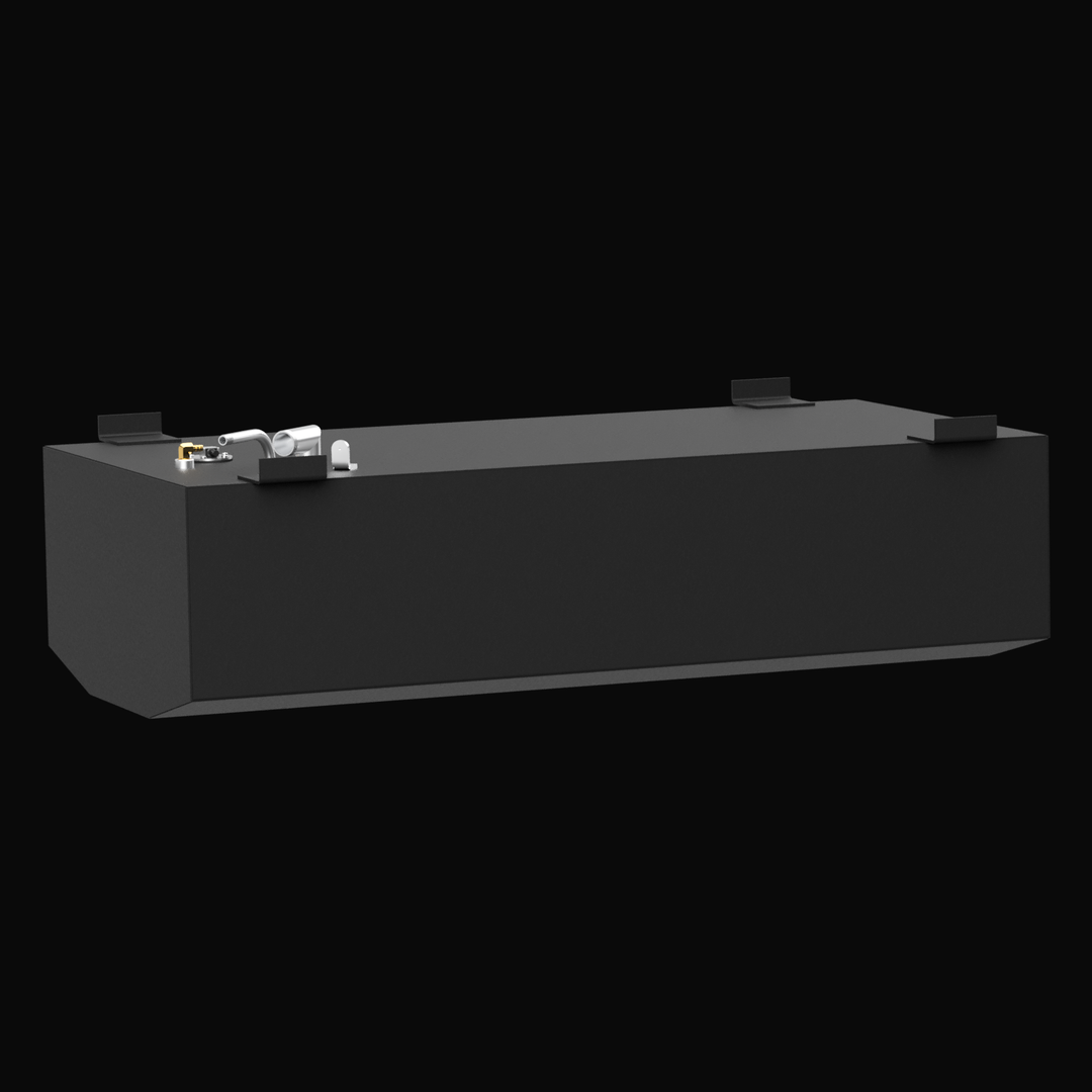 3D render of a black rectangular marine fuel tank viewed from a low angle, showing four mounting brackets on the top edges and several fittings clustered near one end, including brass and silver components with pipes and valves