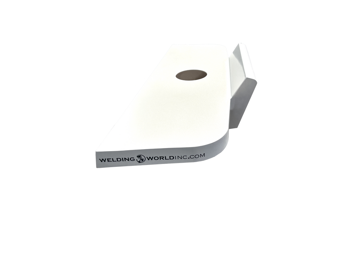 A white high flotation single engine bracket for a Mako 21.6 boat, featuring a circular hole and the logo of Welding World Inc. on the side, displayed against a transparent background