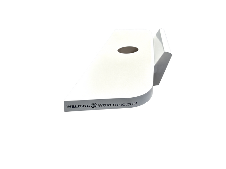 A white high flotation single engine bracket for a Mako 21.6 boat, featuring a circular hole and the logo of Welding World Inc. on the side, displayed against a transparent background