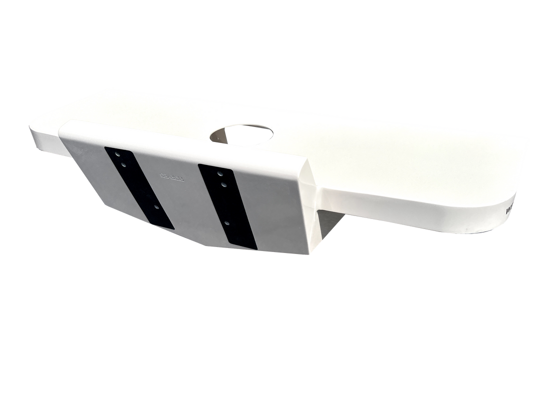 Mako 21.6 1977 High Flotation Single Engine Bracket, featuring a sleek white design with a circular cutout and two black mounting strips, displayed against a transparent background