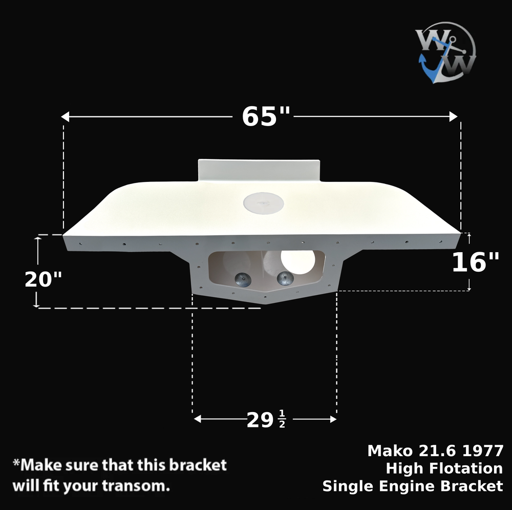 Mako 21.6 1977 High Flotation Single Engine Bracket, featuring a white rectangular design with dimensions of 65 inches wide, 20 inches deep, and 16 inches high, including a central opening for engine mounting