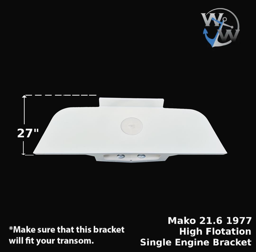 Mako 21.6 1977 High Flotation Single Engine Bracket, featuring a white rectangular design with dimensions of 65 inches wide, 20 inches deep, and 16 inches high, including a central opening for engine mounting