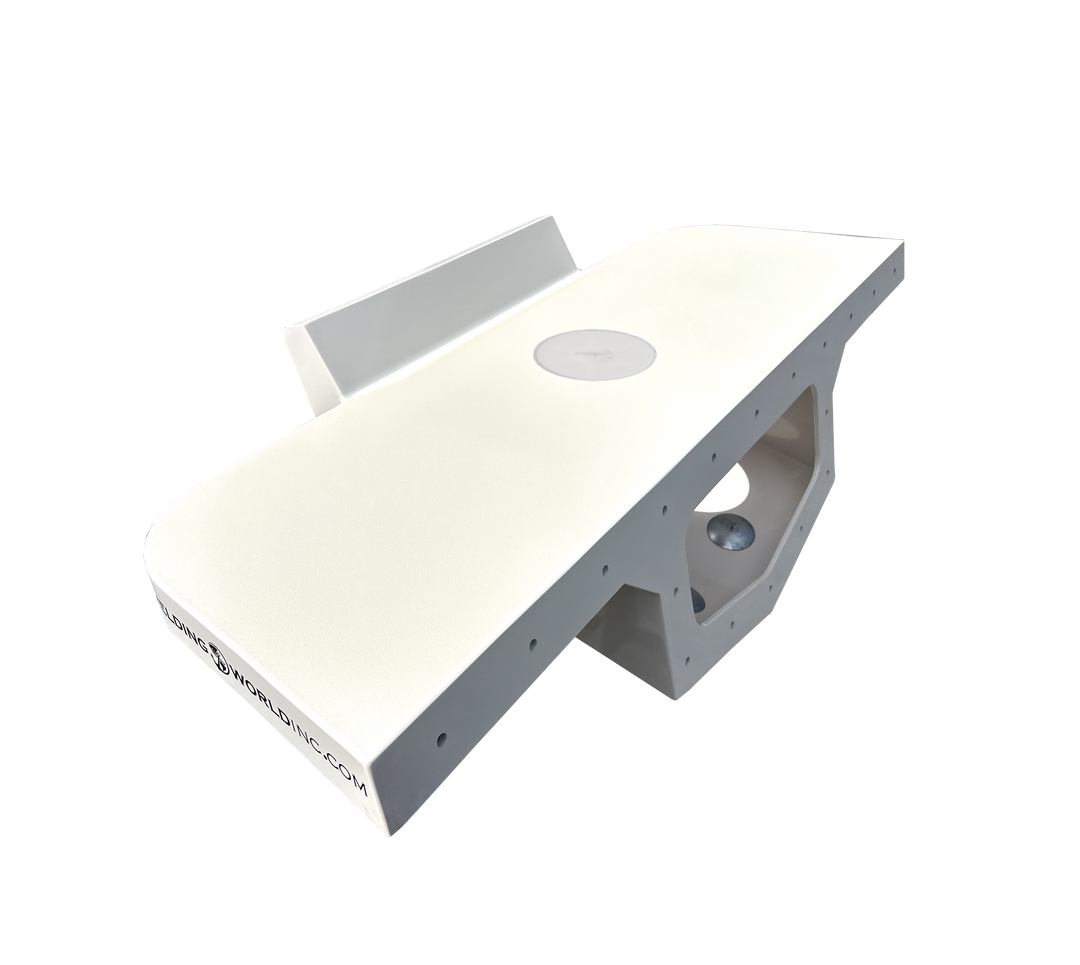 Mako 21.6 1977 High Flotation Single Engine Bracket, featuring a white, streamlined design with a central mounting area, viewed from an angled perspective against a transparent background