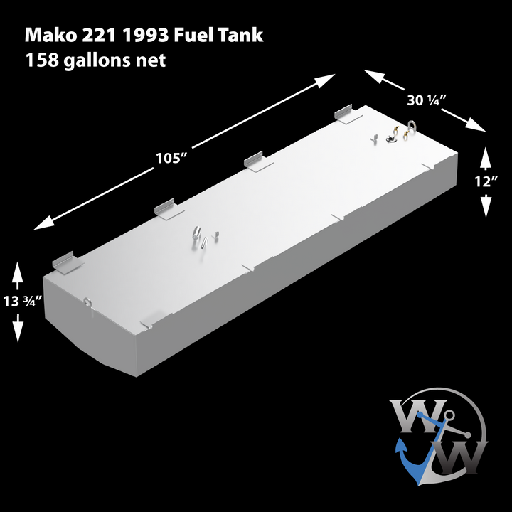 A Mako 221 1993 Fuel Tank with a capacity of 158 gallons net. The tank is light gray and rectangular, with dimensions of 105" in length, 30 1/4" in width (tapering to 12" on one side), and 13 3/4" in height. It also shows various ports and mounting brackets