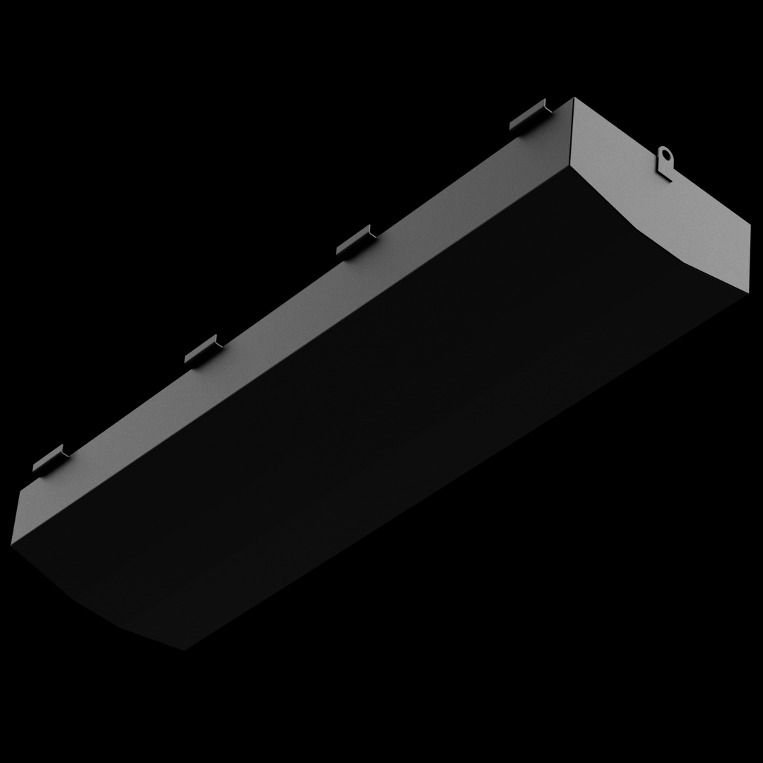 A minimalist 3D render of a long, dark gray rectangular tank with a curved bottom. There are several L-shaped brackets along the top edges and a single ring-shaped attachment on one end of the top surface