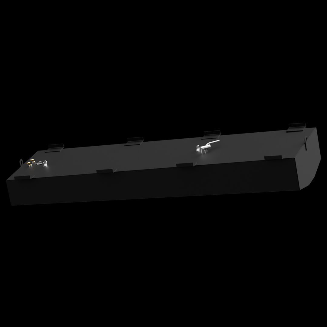 A dark gray, rectangular fuel tank with multiple mounting brackets along its top edges. It features various fittings on its top surface, including what appear to be fuel line connections and a larger fill port. The tank has a slight curve at one end of its bottom