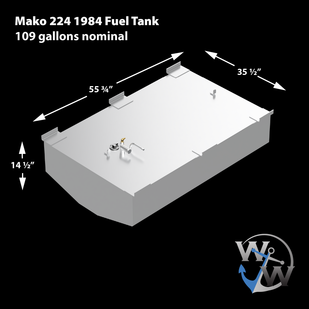 Illustration of a 1984 Mako 224 OEM replacement fuel tank, featuring dimensions of 55 ¾ inches in length, 35 ½ inches in width, and 14 ½ inches in height, with a nominal capacity of 109 gallons