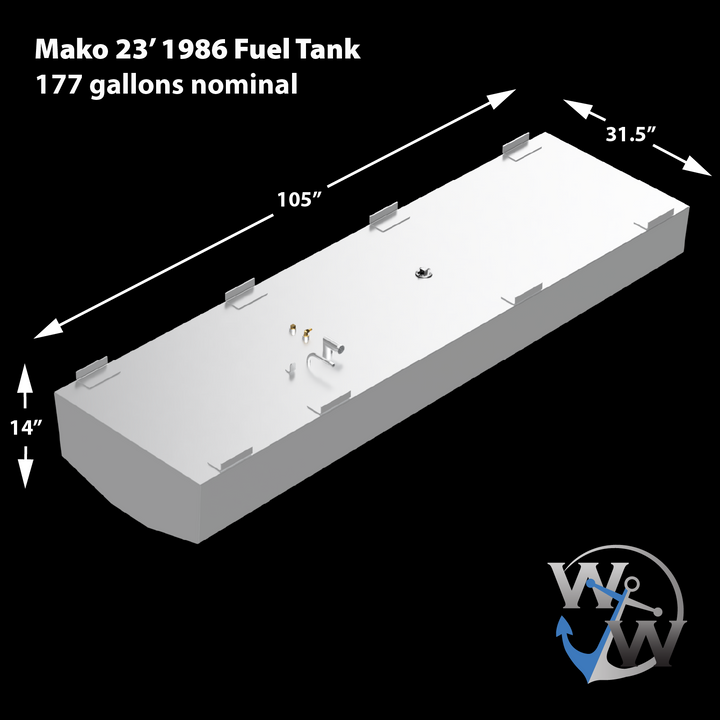 A black, rectangular, 177-gallon OEM replacement belly fuel tank designed for a Mako 23' 1986 boat. The tank has a textured surface, a rounded front edge, and several metal brackets along its top edges. Various fittings are visible on the top surface, including a fuel sender with wires and a hose connection