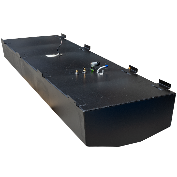 A black, rectangular, 177-gallon OEM replacement belly fuel tank designed for a Mako 23' 1986 boat. The tank has a textured surface, a rounded front edge, and several metal brackets along its top edges. Various fittings are visible on the top surface, including a fuel sender with wires and a hose connection