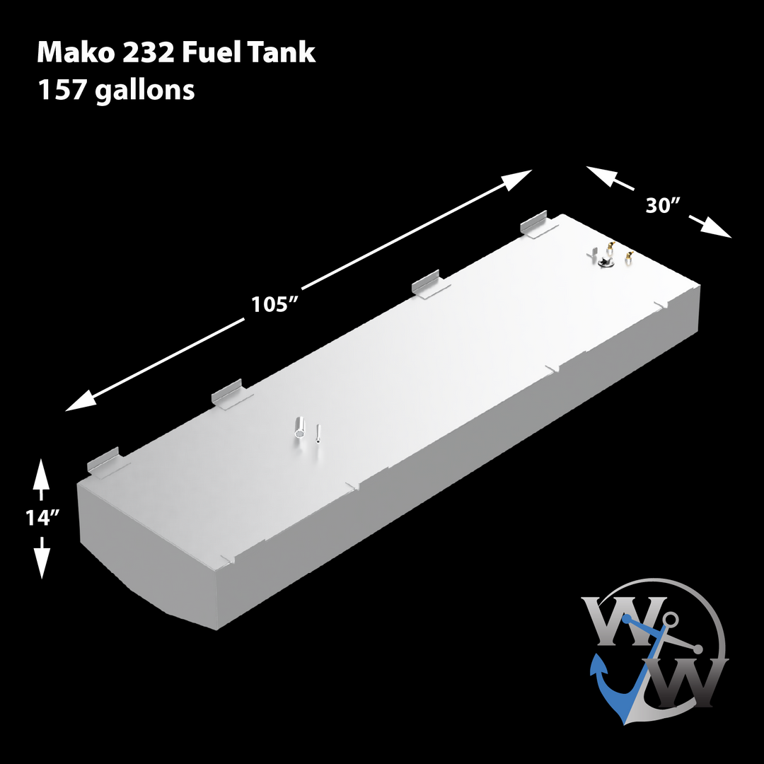 A diagram showcasing the Mako 232 fuel tank, with specifications highlighting a capacity of 157 gallons and dimensions of 105 inches long, 30 inches wide, and 14 inches high. The tank is presented against a black background, featuring several ports and a logo in the corner