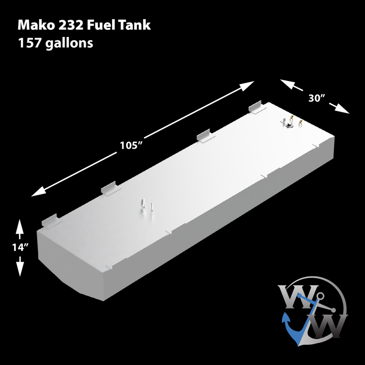 A diagram showcasing the Mako 232 fuel tank, with specifications highlighting a capacity of 157 gallons and dimensions of 105 inches long, 30 inches wide, and 14 inches high. The tank is presented against a black background, featuring several ports and a logo in the corner