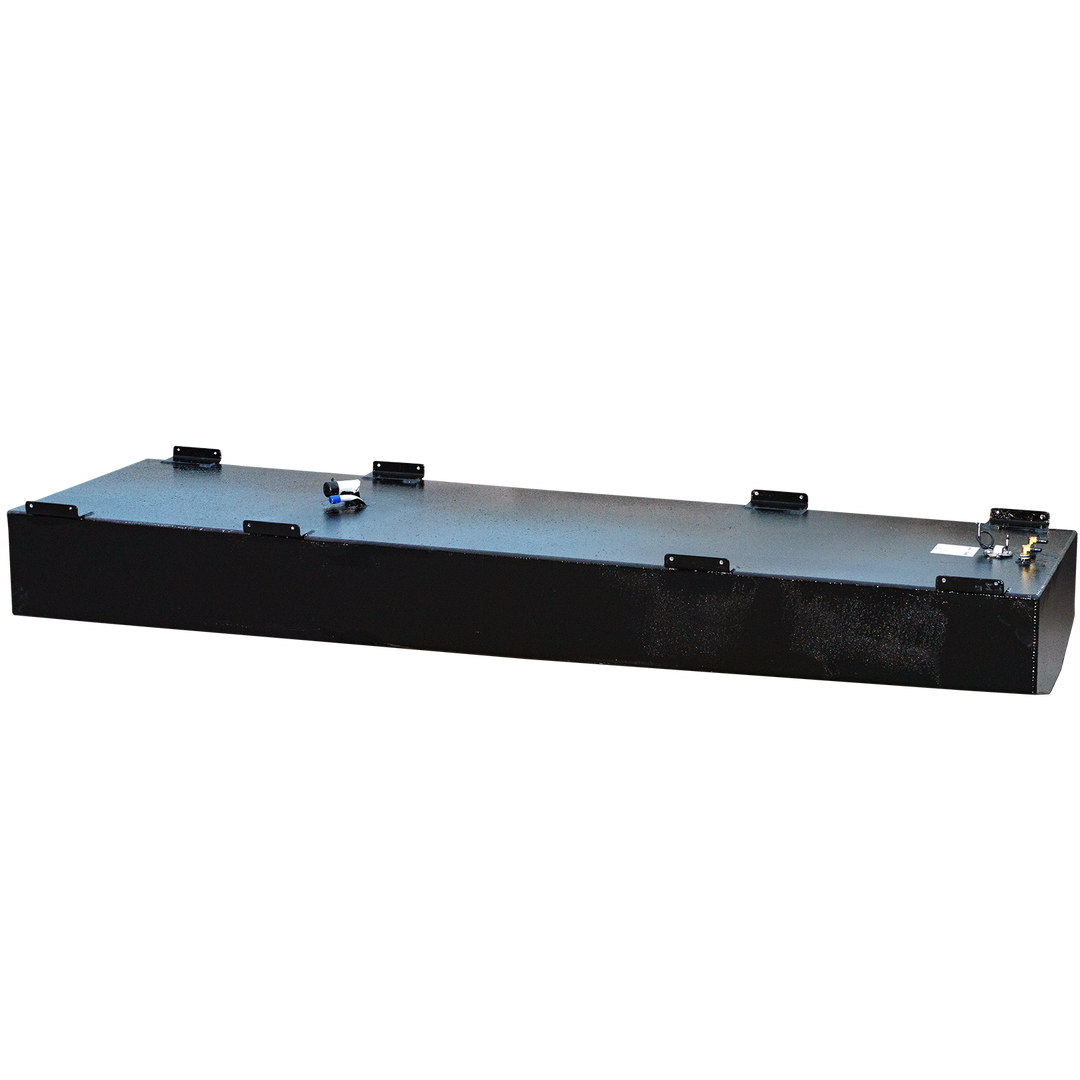  A side view of a long rectangular black fuel tank, featuring a smooth surface with several ports and metallic fittings on top. The tank is supported by mounting brackets and set against a transparent checkered background