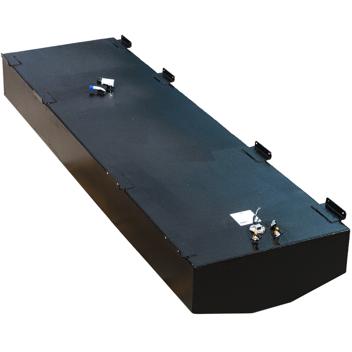 A diagonal view of the Mako 232 OEM replacement belly fuel tank, which holds 157 gallons. The tank is black with a smooth surface, featuring several ports and a label on top, along with metallic fittings, against a transparent checkered background