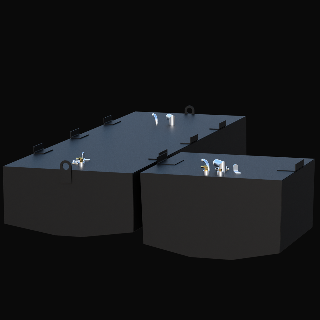 Mako 24 (1994) fuel tank set: 126 gal main and 48 gal aux units. Perspective view showing mounting tabs and fittings.