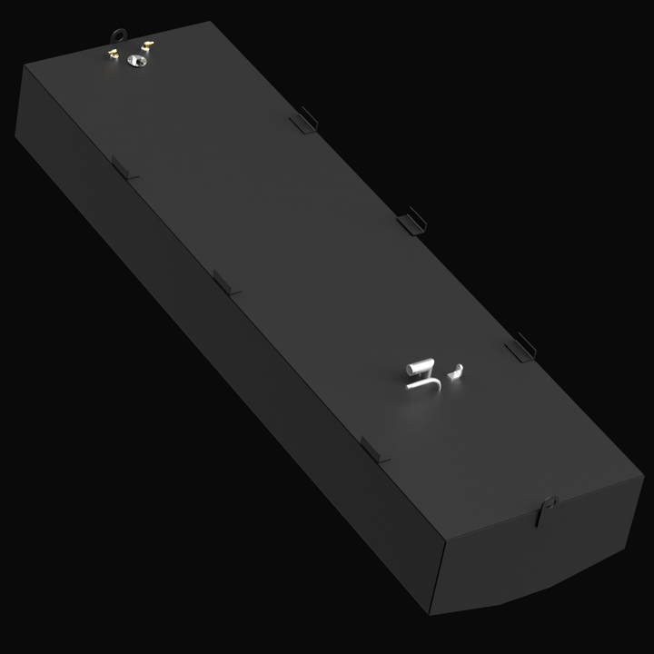 Angled rear-to-front view of a black OEM replacement belly fuel tank for a 1998 Mako 241 boat, with a 185-gallon net capacity. The image highlights top-mounted fittings including dual fuel pickups, sending unit port, vent, fill neck, and welded side mounting tabs along the tank body
