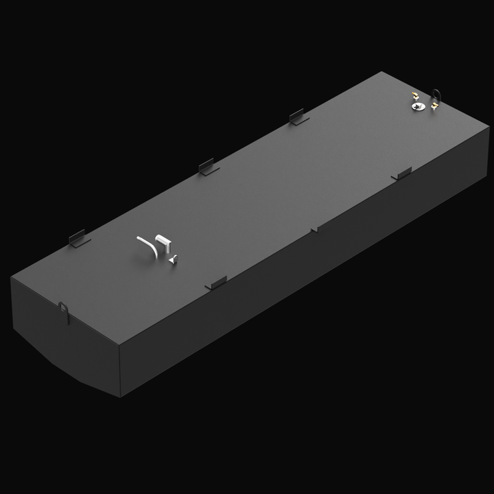 Built to OEM Specs belly fuel tank for a 1998 Mako 241 boat with a 185.5-gallon net capacity. The tank is black with multiple welded mounting tabs along the sides and features top-mounted fittings including a fill neck, vent, sender unit, and dual fuel pickups