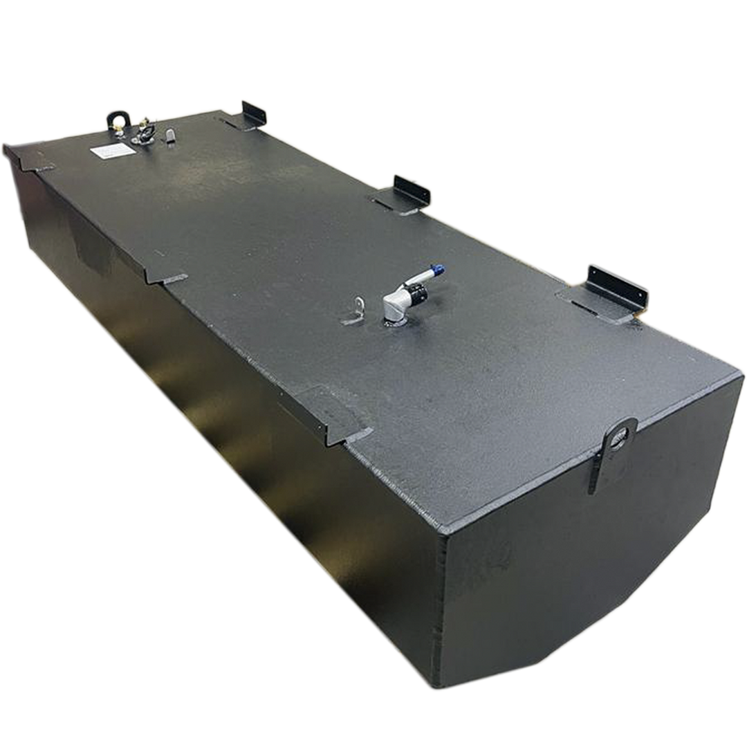 A dark grey, irregularly shaped metal tank with a textured surface is depicted against a black and grey checkered background. The tank features various nozzles, ports, and what appear to be mounting brackets and handles on its top surface. The bottom edge of the tank is slightly curved