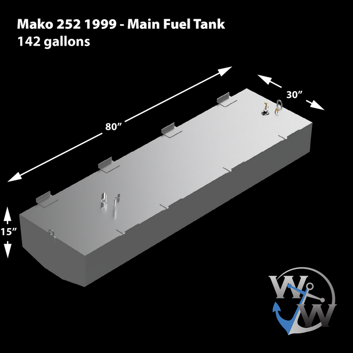An isometric rendering of a 1999 Mako 252 Main Fuel Tank with a capacity of 142 gallons. The tank is rectangular and gray, with dimensions clearly labeled: 80 inches long, 30 inches wide, and 15 inches high. It features several fittings on its top surface, including what appear to be fuel lines and caps. Along the sides of the top surface, there are multiple mounting brackets. In the bottom right corner, a logo with the letters "W W" and a blue anchor is visible