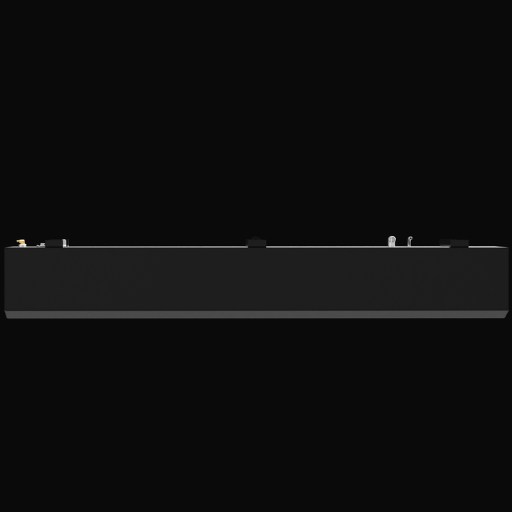 A 3D render showing a long side profile of a dark grey boat fuel tank, highlighting the various fittings, D-ring, and mounting tabs visible along the top edge, against a black background.