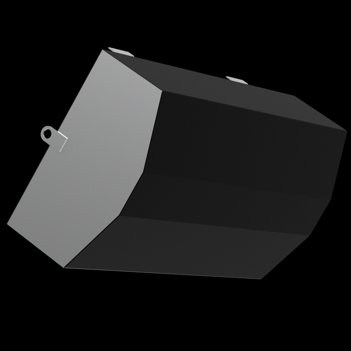 A Mako 253 Walkaround 2002 - 140 gal. OEM Replacement Belly Fuel Tank is depicted from an angled perspective against a black background. The tank is predominantly dark gray with lighter gray sections on the side and end, indicating its polygonal shape. Visible on the lighter gray end is a circular eye bolt attached to an L-shaped bracket. Two additional small, light gray brackets are on the top surface