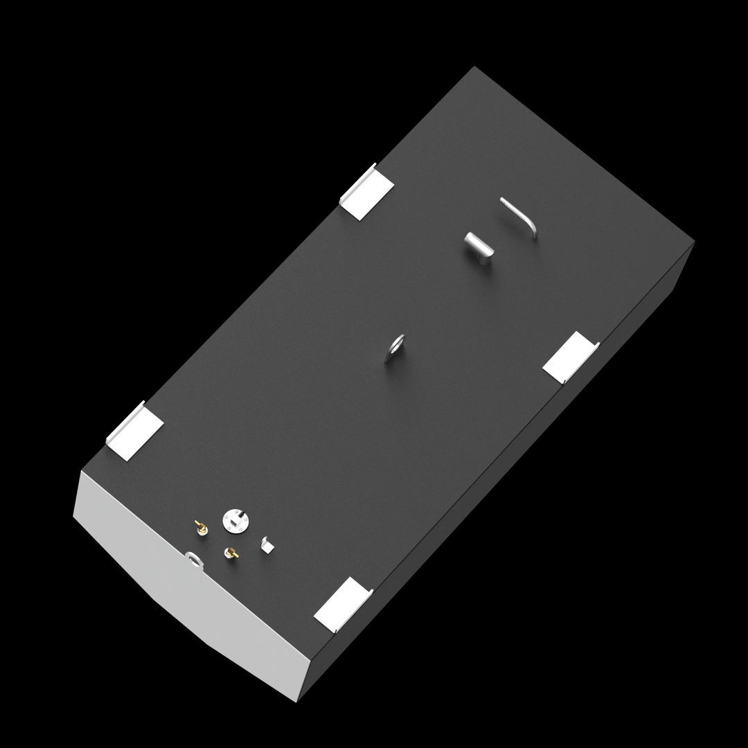  A Mako 253 Walkaround 2002 - 140 gal. OEM Replacement Belly Fuel Tank is shown from an elevated angle, against a black background. The tank is black with a light gray end, and features various metal components on its top surface, including four white L-shaped mounting brackets, a circular eye bolt, a short curved pipe, a cylindrical pipe, two brass-colored fittings, and a circular cap. The light gray end of the tank is rounded