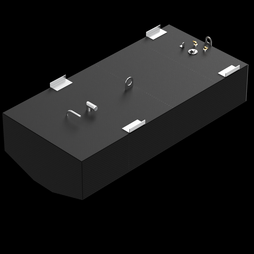 A black, rectangular Mako 253 Walkaround 2002 - 140 gal. OEM Replacement Belly Fuel Tank is shown from an elevated perspective against a dark background. The top surface of the tank features several metal components: four L-shaped brackets at each corner, two circular rings, a short, curved pipe, a cylindrical pipe, two brass-colored fittings, and a circular cap. The tank has a slightly textured finish