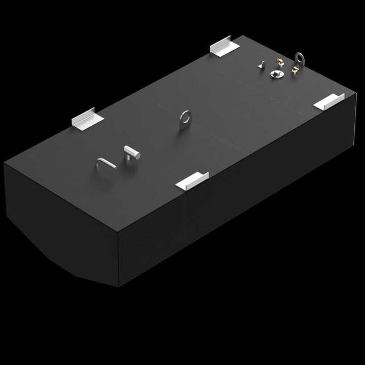 A black, rectangular Mako 253 Walkaround 2002 - 140 gal. OEM Replacement Belly Fuel Tank is shown from an elevated perspective against a dark background. The top surface of the tank features several metal components: four L-shaped brackets at each corner, two circular rings, a short, curved pipe, a cylindrical pipe, two brass-colored fittings, and a circular cap. The tank has a slightly textured finish