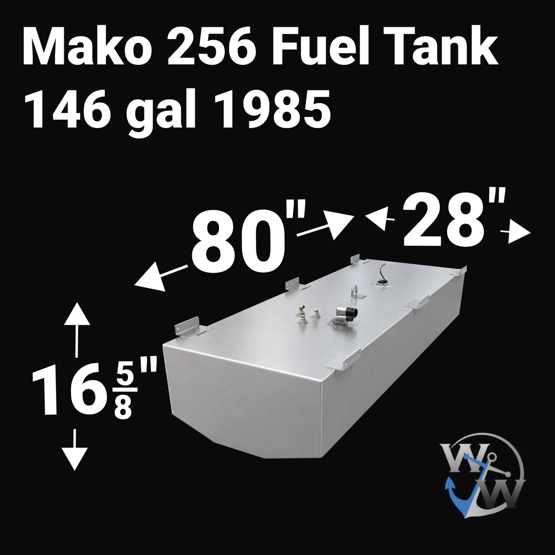 Dimensional technical diagram for a Mako 256 1985 replacement fuel tank with a 146-gallon capacity. The graphic displays precise measurements of 80" length, 28" width, and 16 5/8" height, showing the top-mounted mounting brackets, dual pickups, and a specialized shallow V-hull-conforming bottom. Fabricated from marine-grade 5052-H32 aluminum, this OEM replacement is engineered by Welding World for a guaranteed 100% drop-in fit.