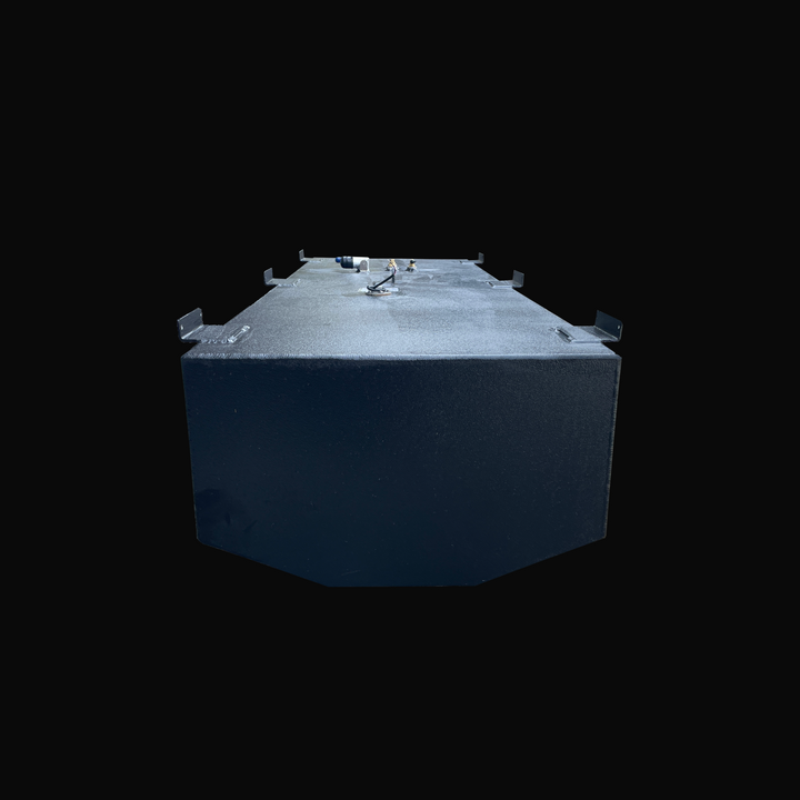 A front profile elevation view of the Mako 256 1985 replacement fuel tank, highlighting the precision-welded aluminum mounting tabs and the specialized shallow V-hull angled bottom profile. The entire assembly is sealed in a rugged, textured black TarGard epoxy finish for premium corrosion protection. Fabricated from heavy-duty .190" marine-grade 5052-H32 aluminum, this 146-gallon tank is engineered by Welding World for a guaranteed 100% drop-in fit.