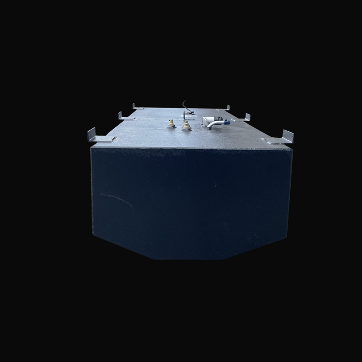 A rear profile view of the Mako 256 1985 replacement fuel tank, emphasizing the deep end section and the angled, hull-conforming bottom configuration. The entire surface is protected with a textured black TarGard epoxy finish for enhanced corrosion resistance. Six prominent aluminum mounting brackets are visible along the top edge, framing the central fuel hardware area which includes dual brass pickups, a fuel level sending unit, and a heavy-duty fuel fill connection. Fabricated from .190" marine-grade alu