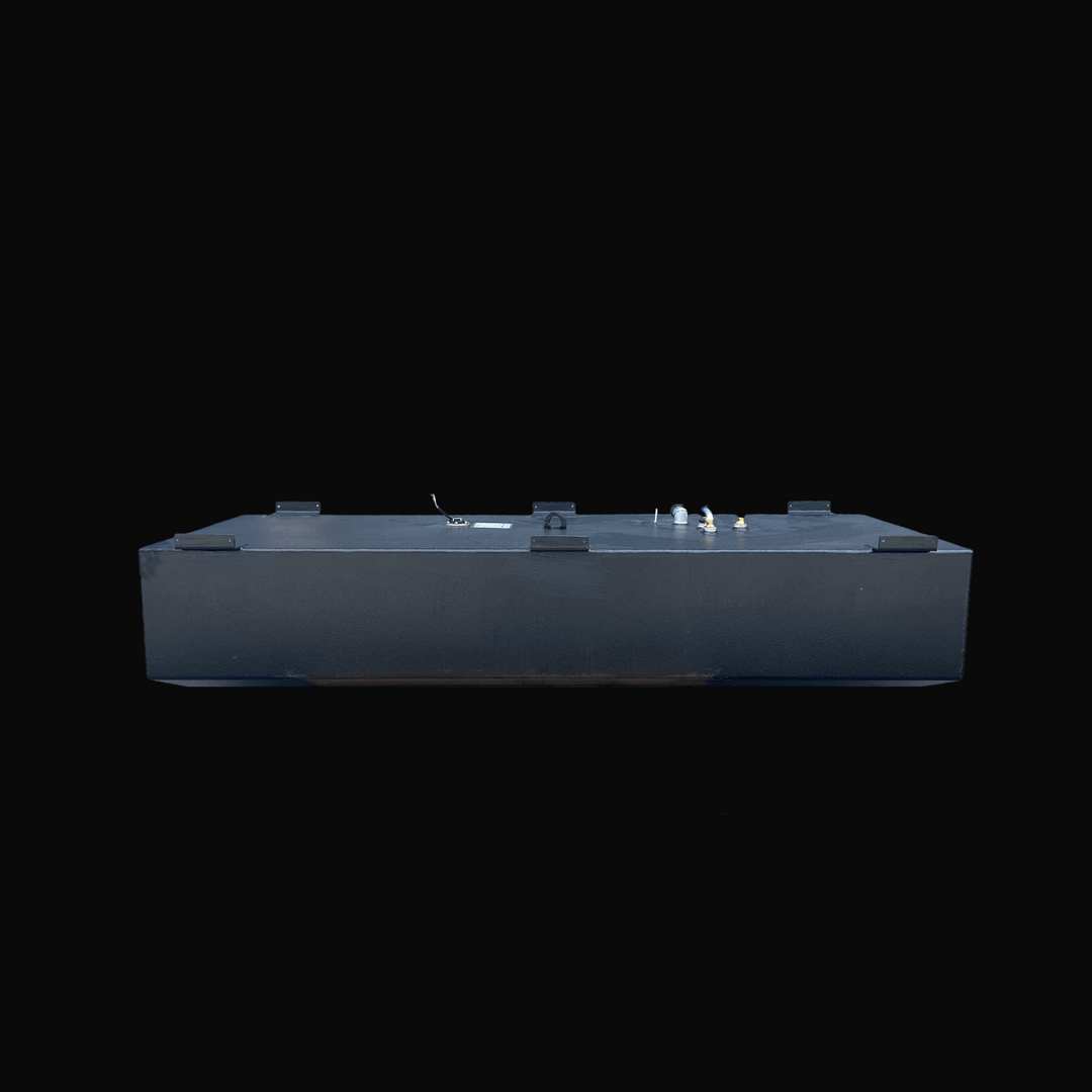 A side profile view of the Mako 256 1985 replacement fuel tank, highlighting the low-profile rectangular shape and evenly spaced aluminum mounting tabs along the top edges. The tank features a professional black TarGard epoxy finish for elite defense against harsh marine environments. Engineered from heavy-duty .190" 5052-H32 marine-grade aluminum, this 146-gallon tank includes a central lifting eye and top-mounted fuel system hardware, providing a guaranteed 100% drop-in fit.