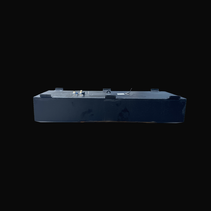 A detailed side perspective view of the Mako 256 1985 replacement fuel tank, highlighting the integrated aluminum mounting brackets along the upper lip and the heavy-duty black TarGard epoxy coating. This angle shows the layout of the top deck hardware, including the central lifting eye, brass pickups, fuel sending unit, and mechanical connections. Constructed by Welding World from .190" marine-grade aluminum, this 146-gallon tank is engineered for a guaranteed 100% drop-in fit.