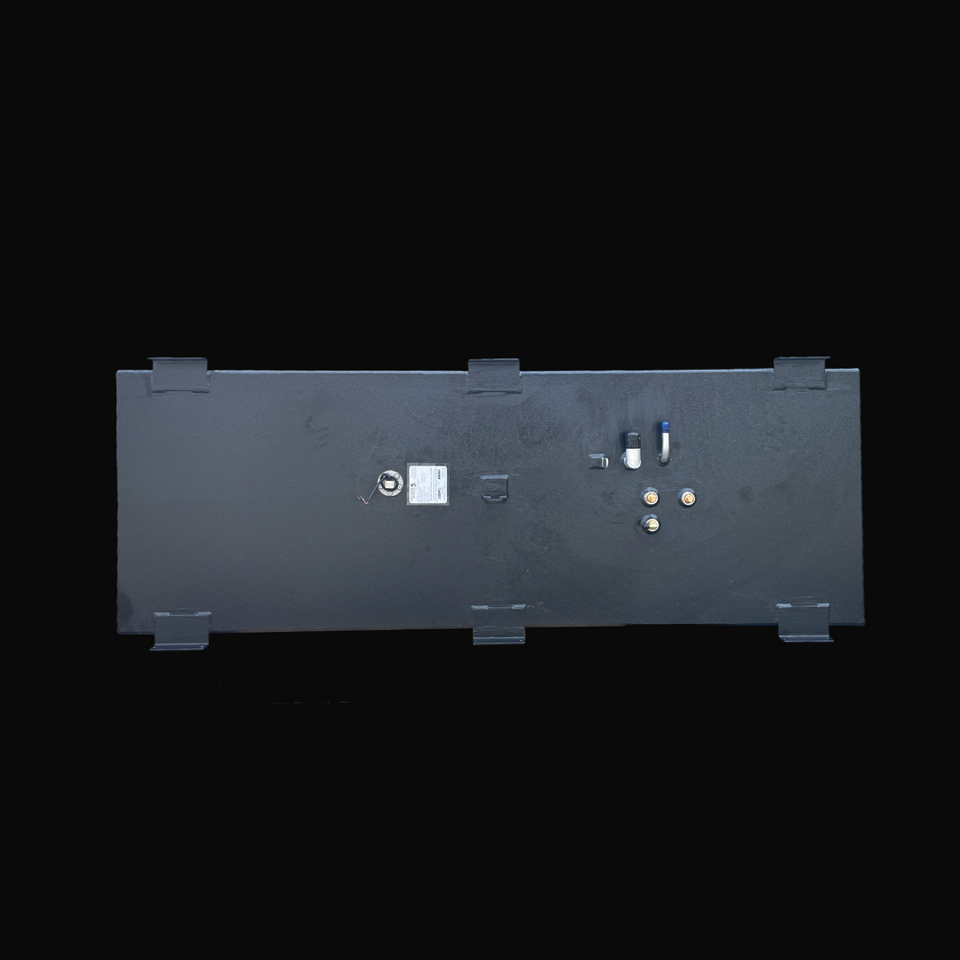 A top-down overhead view of the Mako 256 1985 replacement fuel tank, showcasing its symmetrical layout and rugged black TarGard epoxy finish. This orientation highlights the six integrated aluminum mounting brackets, a pre-installed fuel level sending unit with its official ABYC/NMMA certification label, and a cluster of top-mounted fittings including brass fuel pickups, fuel fill, and vent connections. Precision-fabricated from heavy-duty .190" marine-grade aluminum for a guaranteed 100% drop-in fit.