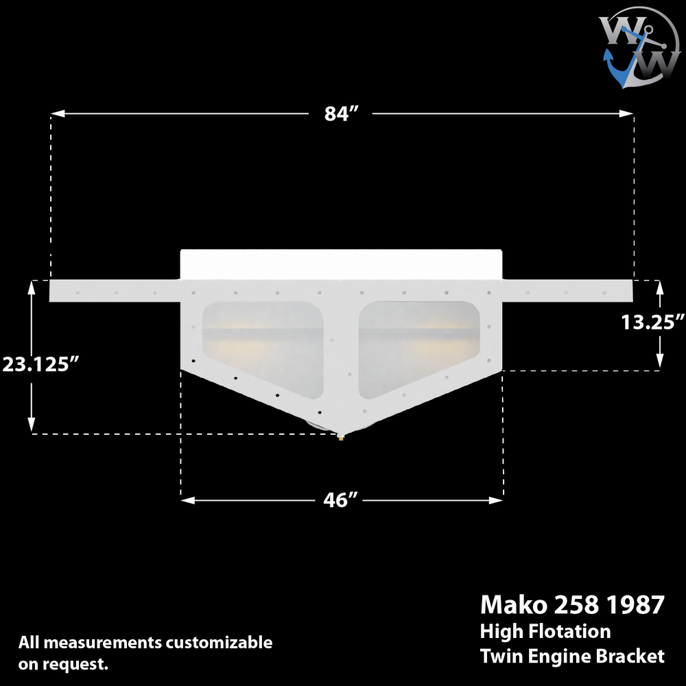 Technical diagram of a Mako 258 Cuddy 1987 twin engine high flotation bracket, showing measurements with a width of 84 inches, height of 23.125 inches on the sides, and a bottom width of 46 inches. The diagram includes labels indicating that all measurements are customizable upon request