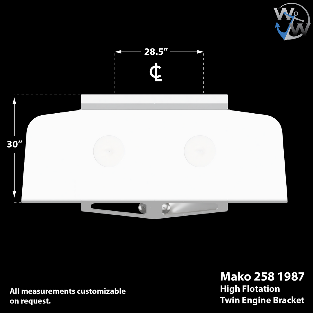 A technical drawing of a Mako 258 Cuddy 1987 twin engine high flotation bracket, showing its dimensions with a width of 28.5 inches, height of 30 inches, and a note that all measurements are customizable upon request. The diagram includes the boat model and description at the bottom right, with a logo in the top right corner