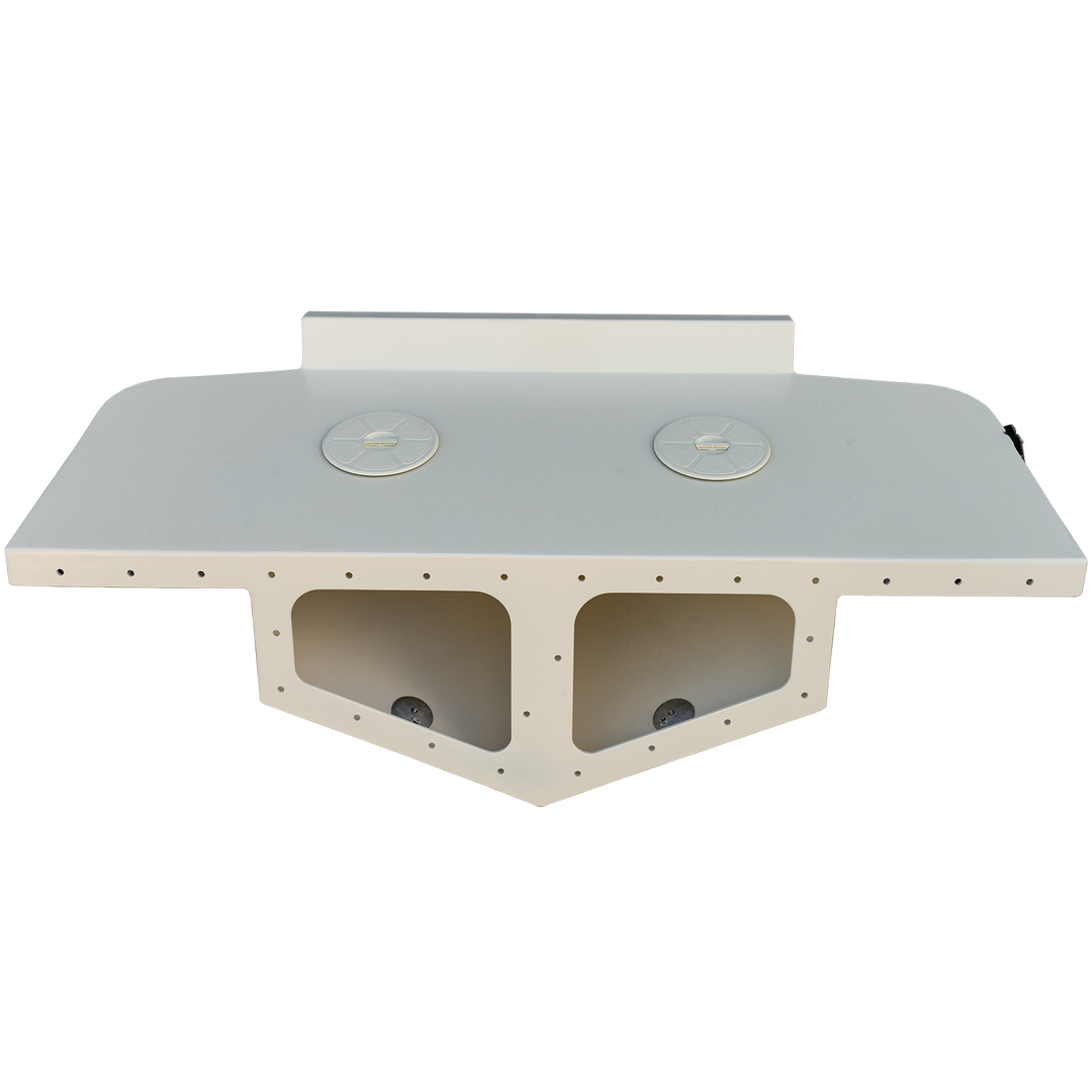 Top view of a white high flotation bracket for a 1987 Mako 258 Cuddy twin engine boat, featuring two large support sections and multiple mounting holes, set against a transparent background