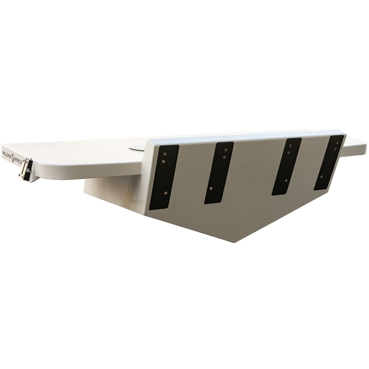 A white high flotation bracket for a 1987 Mako 258 Cuddy twin engine boat, shown from an angled side view, featuring black support strips and multiple mounting holes, set against a transparent background