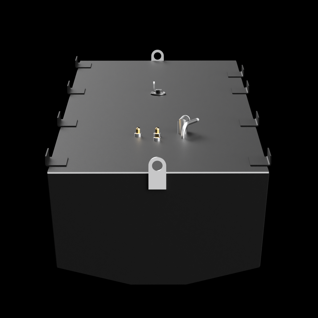 A sleek, dark gray, rectangular fuel tank with an angled bottom, set against a black background. The top surface features several golden-colored fittings, a curved silver pipe, and a circular gauge. Around the edges of the top are multiple L-shaped brackets, and two silver D-rings are visible on the front and back of the tank