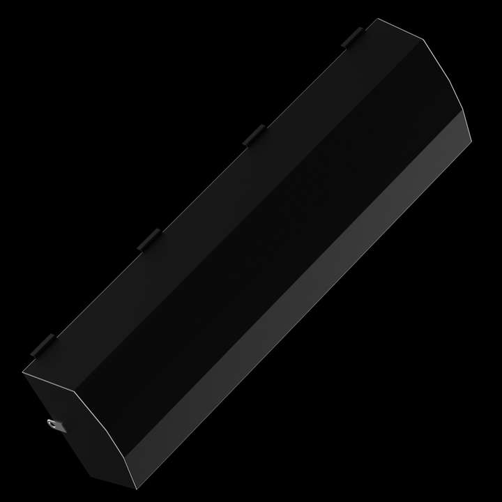 A dark, elongated, rectangular object, likely a fuel tank, with a faceted top surface and a curved bottom edge. Small, dark, L-shaped brackets are visible along the top edges, and a small silver D-ring is attached to one end. The object is rendered against a solid black background