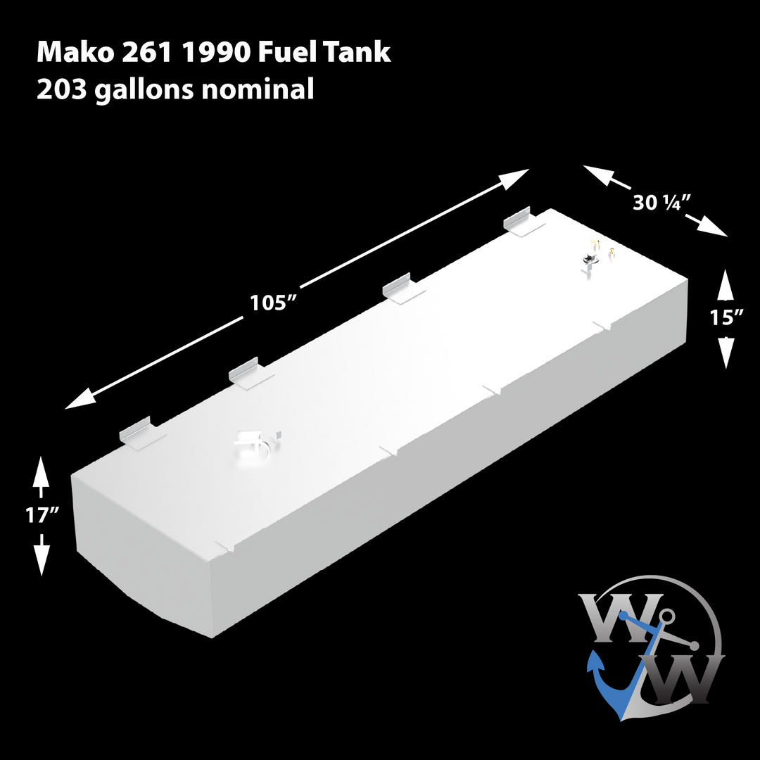3D rendered diagram of Mako 261 1990 fuel tank with nominal capacity of 203 gallons. Dimensions indicated: length 105 inches, width 30 1/4 inches, height 15 inches, and mounting brackets spaced along the top edges. Features several fittings and attachments on top. Logo of Welding World appears at bottom right