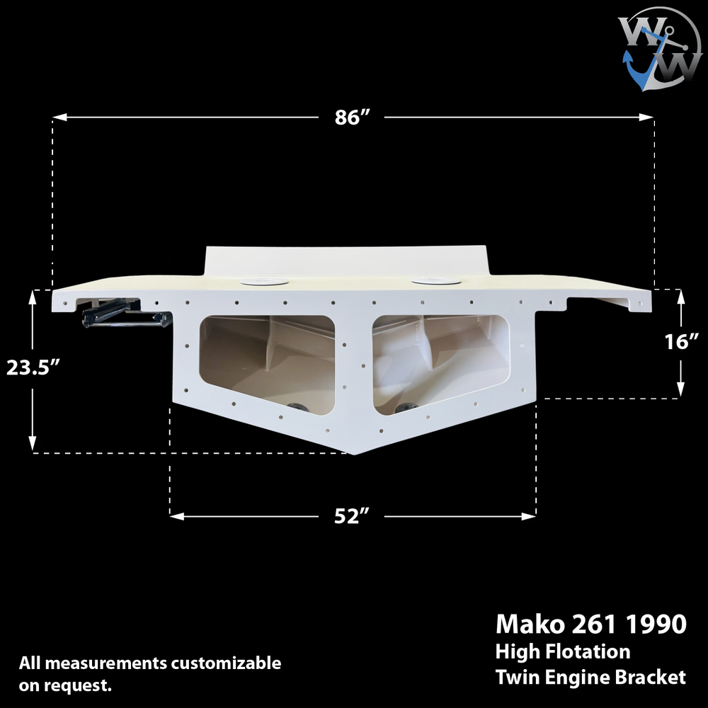 A diagram of a Mako 261 1990 high flotation twin engine bracket, showing dimensions: 86 inches wide, 23.5 inches tall on the left side, 16 inches tall on the right side, and 52 inches deep. The bracket is white with cutouts and support structures, and a note indicates that all measurements are customizable upon request