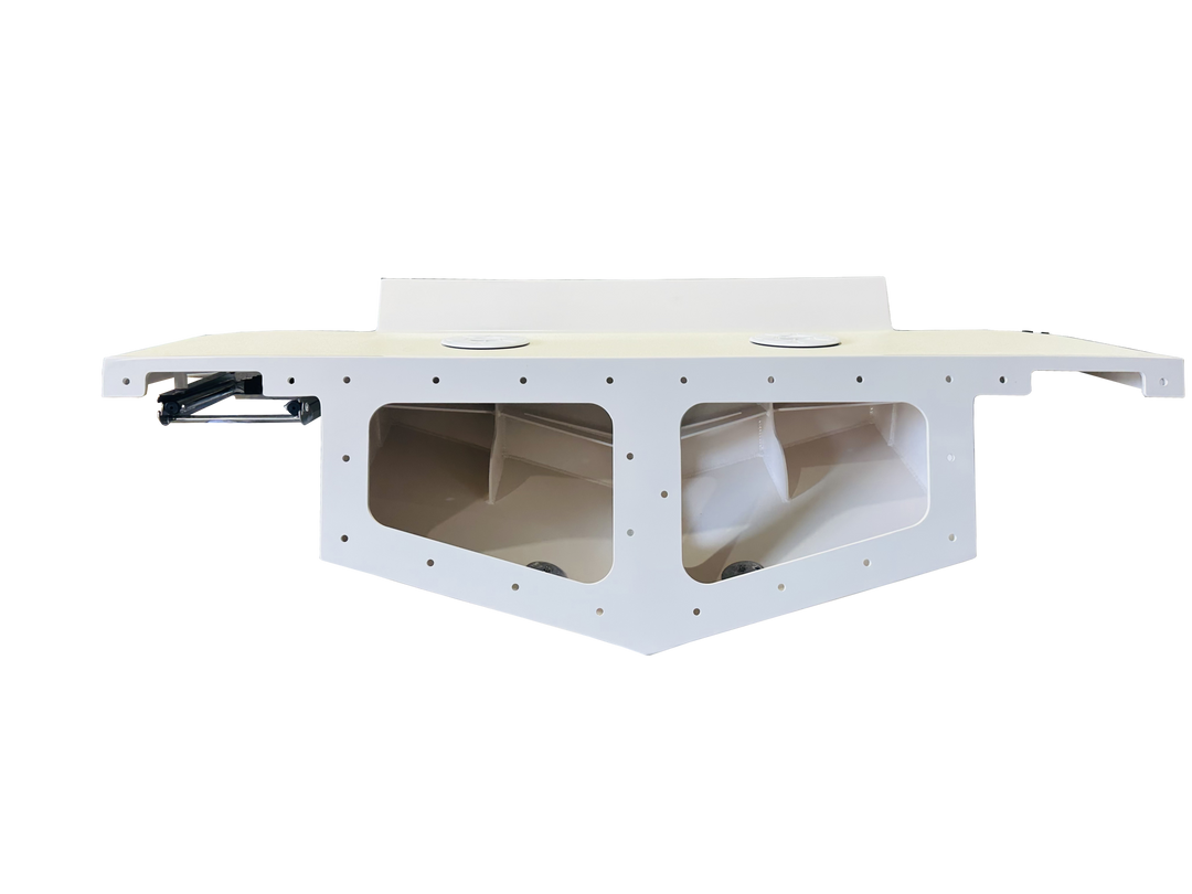 A white high flotation twin engine bracket designed for a Mako 261 1990 boat, shown against a transparent background. The bracket features two large openings, support arms, and mounting points for dual engines