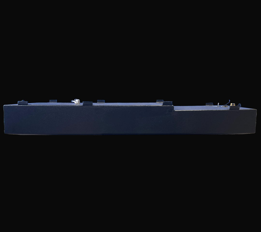 Top-down view of the 1998 Mako 261 replacement fuel tank (171 gal), showing the complete component layout. The image details the location of the fuel sender, fill and vent fittings, and the six welded mounting tabs positioned along the black-coated aluminum perimeter.