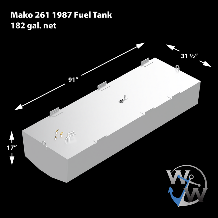 A 3D schematic of the replacement fuel tank for a 1987 Mako 261, shown against a black background. Text on the image identifies the tank as having a 182-gallon net capacity. Dimension lines detail its measurements as 91 inches long, 31 ½ inches wide, and 17 inches high. The silver-colored schematic features a curved front bottom edge, four mounting tabs, and numerous fittings on its top surface. The 'WW' anchor logo for Welding World is in the bottom right corner