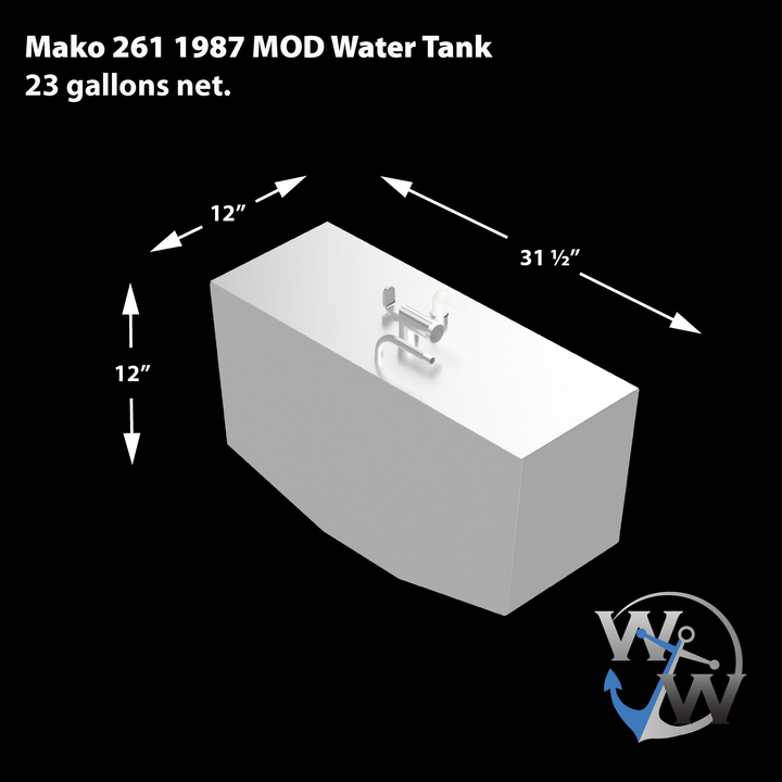 A 3D schematic of the modified water tank for a 1987 Mako 261, shown against a black background. Text on the image identifies the tank as having a 23-gallon net capacity. Dimension lines detail its measurements as 31 ½ inches long, 12 inches wide, and 12 inches high. The silver-colored schematic shows a central fitting assembly with two curved pipes on its top surface. The 'WW' anchor logo for Welding World is in the bottom right corner