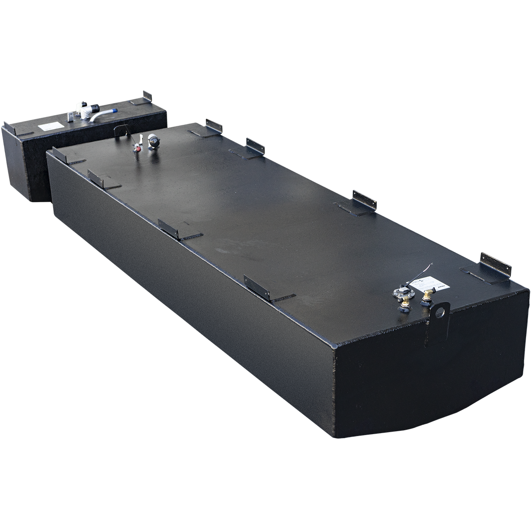 A combination set of two black-coated boat tanks, one large and one small, displayed against a checkered background. The primary tank is a long, rectangular belly tank with a rounded front bottom edge, equipped with multiple mounting tabs and a fuel sending unit. Positioned behind it, a much smaller, compact rectangular tank features its own set of fittings and mounting tabs